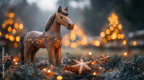 Rustic Wooden Horse with Festive Lights. Generative AI photo