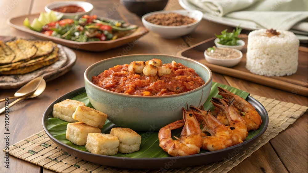 Family Style Sambal Platter with Shrimp and Rice