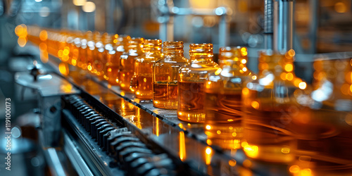  Glass Bottles on Industrial Production Line with Amber Liquid, Factory Automation Process 


