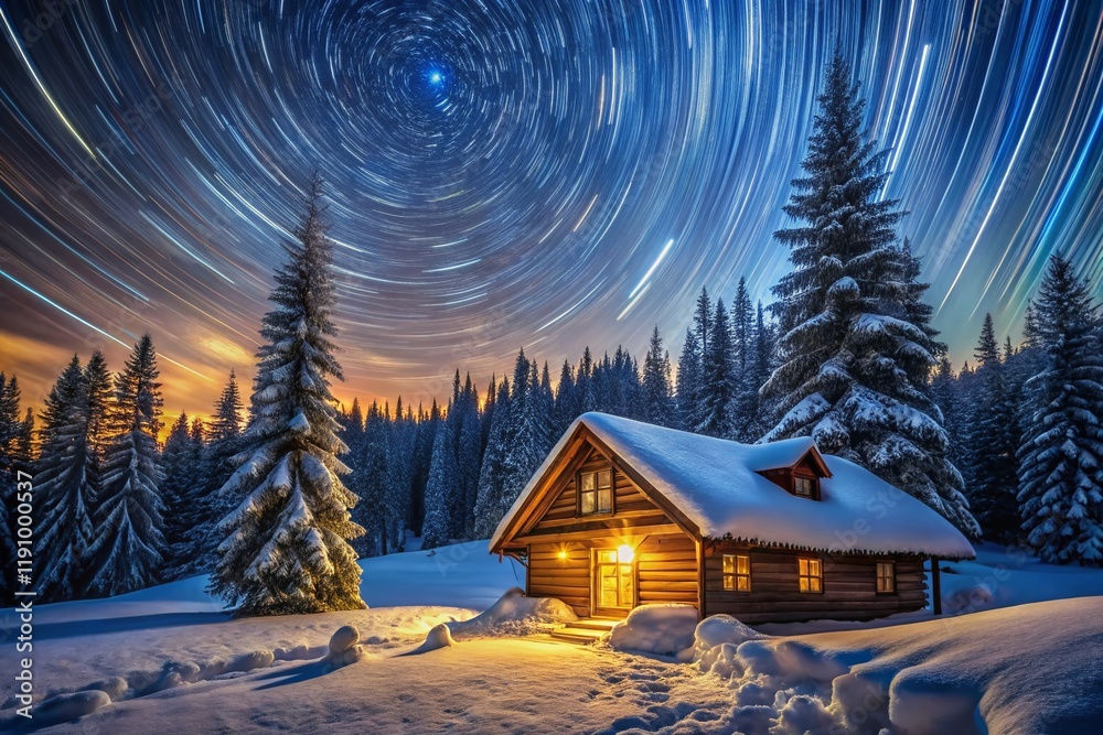 Fototapeta premium Rustic Cabin Star Trails Night Sky Mountain Landscape Peaceful Atmosphere