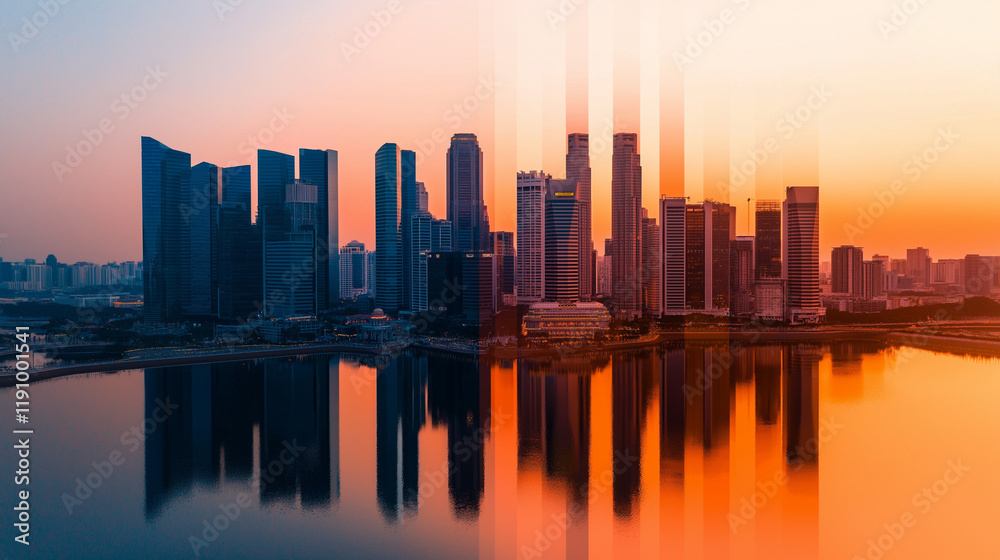 Dynamic cityscape at dusk urban skyline reflection vibrant colors aerial view modern architecture Dynamic cityscape at dusk urban skyline reflection vibrant colors aerial view modern architecture