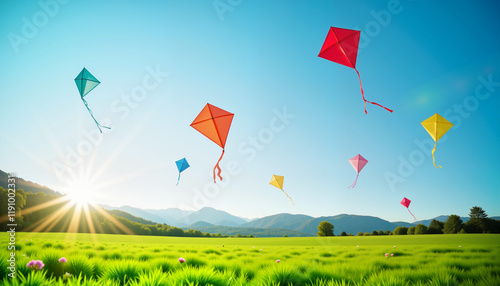 Colorful kites soaring against a clear blue sky in a serene countryside landscape during Qingming Festival photo