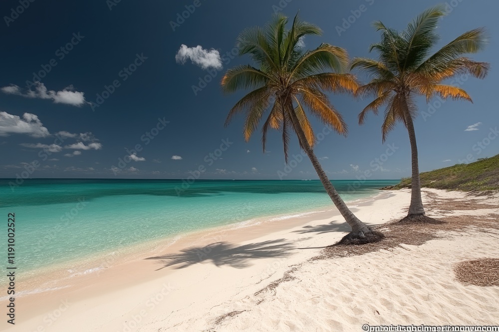 Obraz premium Serene Tropical Beach with Swaying Palm Trees and Pristine Turquoise Waters Under Clear Blue Skies