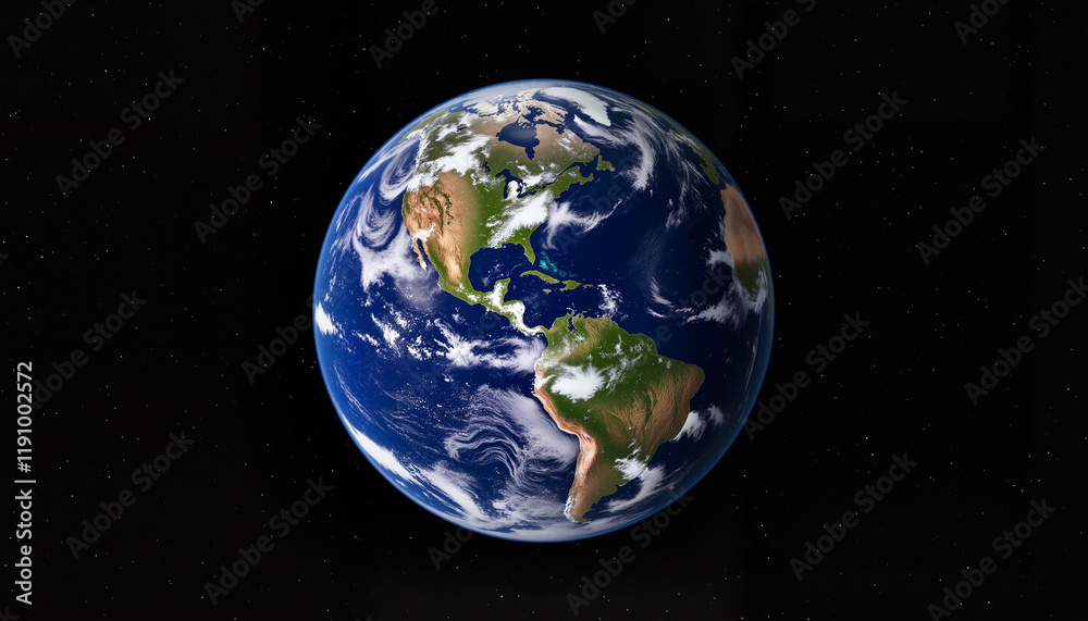 Obraz premium Photorealistic view of Planet Earth illuminated by sunlight, showcasing continents and oceans in space