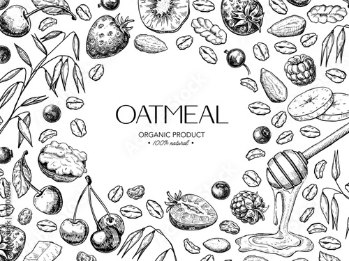Oatmeal, muesli, or granola food vector label template. Breakfast meal sketch.