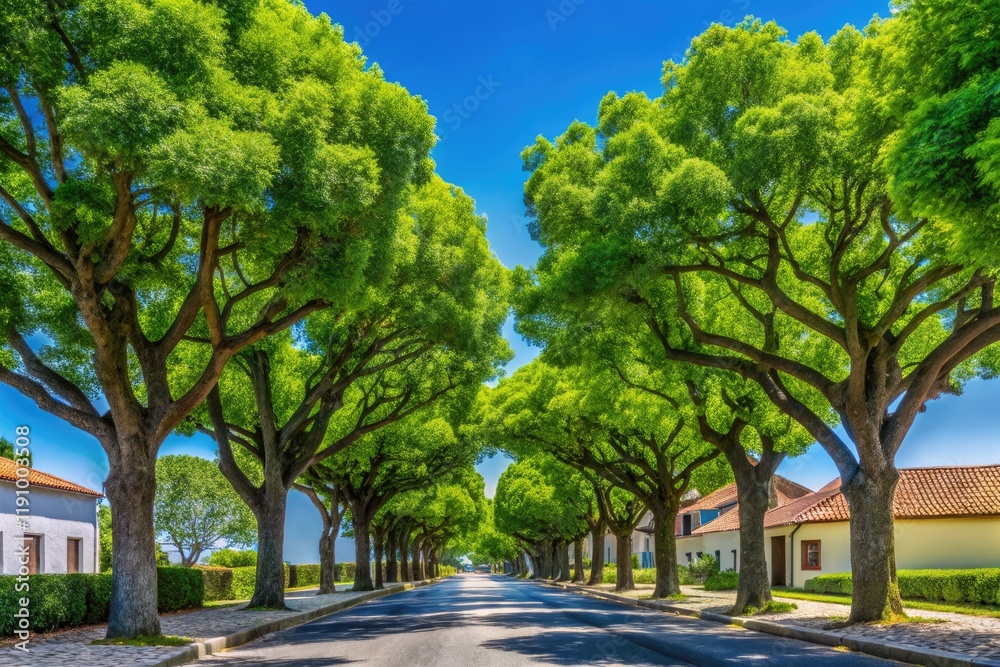 Sun-drenched Portuguese oaks frame a quiet summer street, their branches reaching towards a vibrant sky. Sun-drenched Portuguese oaks frame a quiet summer street, their branches reaching towards a vibrant sky.