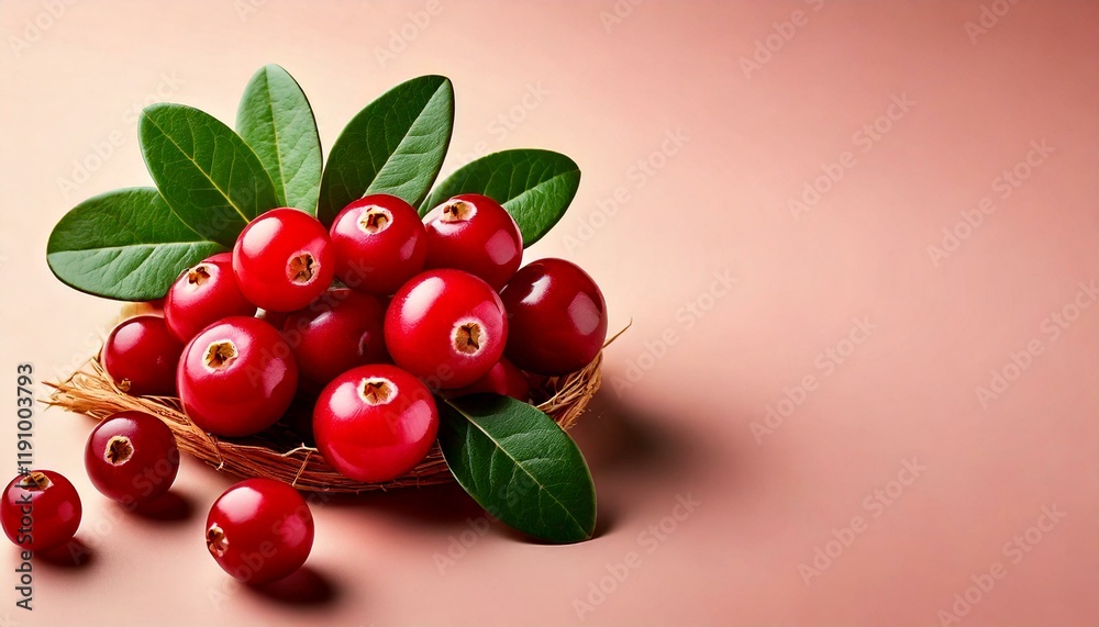 High-resolution isolated image of cranberries with leaves on pastel background High-resolution isolated image of cranberries with leaves on pastel background