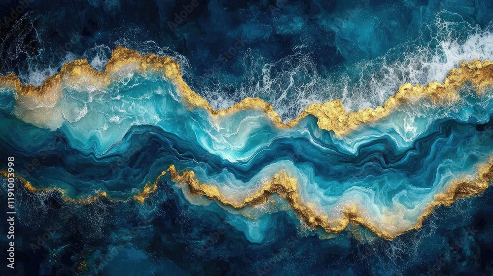 Abstract Ocean Waves with Gold Accents in Blue and White Tones