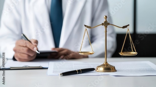 Doctor speaking to a lawyer in an office with legal documents spread across the desk, showing legal consultations in healthcare