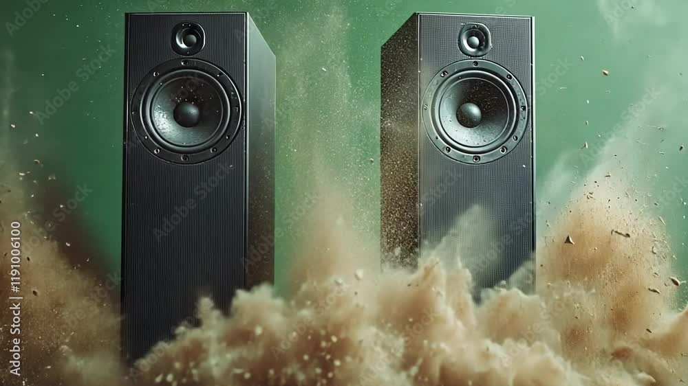 Audio Blast:  Two sleek black speakers, emanating a powerful sound wave, create a dramatic explosion of dust and particles. The speakers stand tall amidst the swirling chaos.