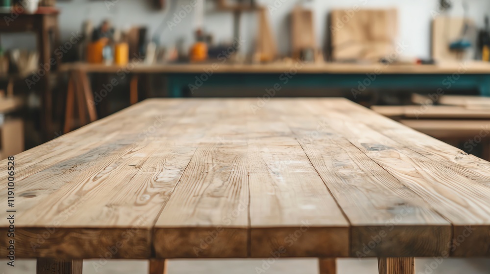 Wooden table in a cozy workshop environment. Wooden table in a cozy workshop environment.
