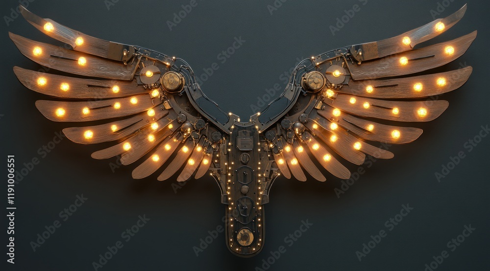 Obraz premium Illuminated steampunk wings studio shot, dark background, art decor