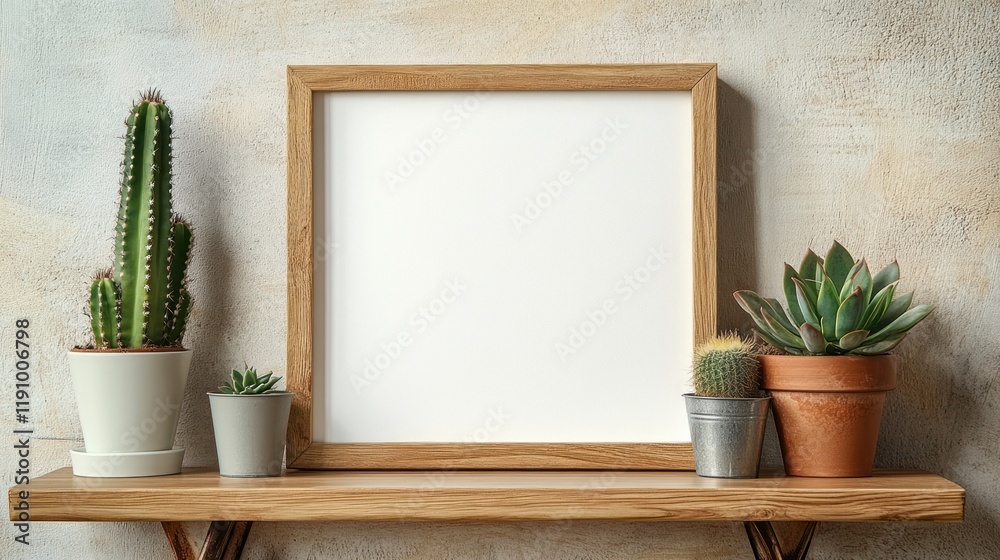 Fototapeta premium Wooden Frame Mockup with Succulents and Cacti on a Shelf