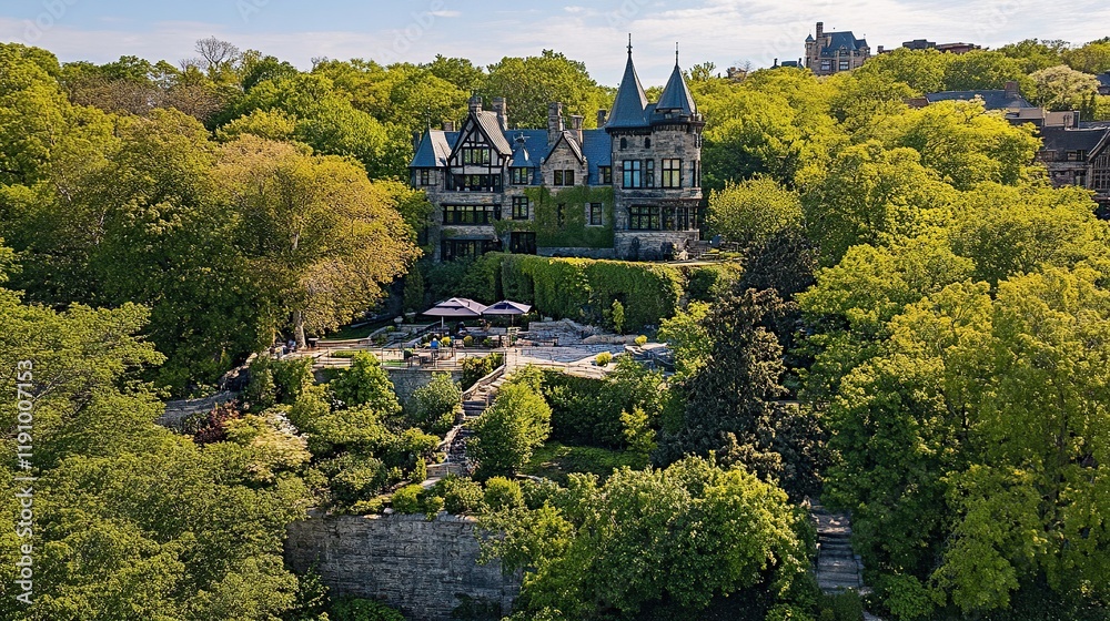 Fototapeta premium Hilltop chateau, lush garden, patio, stone walls, trees.