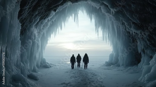 Explorers Navigating through a Frozen Cave with Icicles and Icy Terrain on a Winter Day Under a Cloudy Sky photo