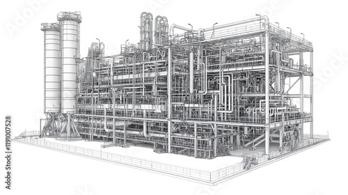Industrial Refinery Blueprint, intricate piping network, complex structural design, detailed engineering layout, technical illustration Isolated on white background or PNG