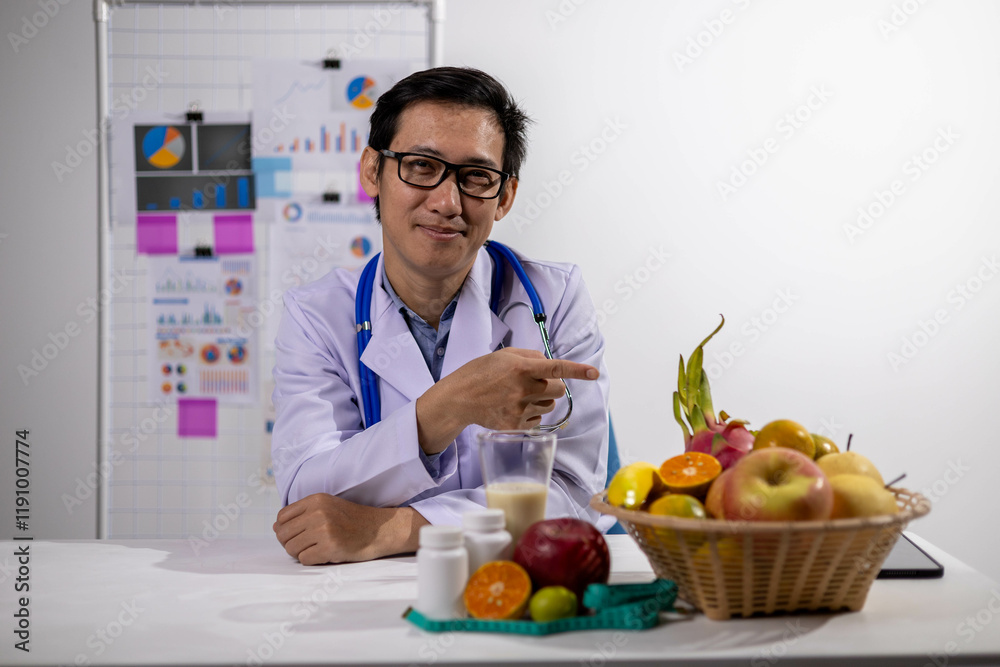 Young Asian Nutritionist, Health Doctor, Fruit, Weight Loss Young Asian Nutritionist, Health Doctor, Fruit, Weight Loss