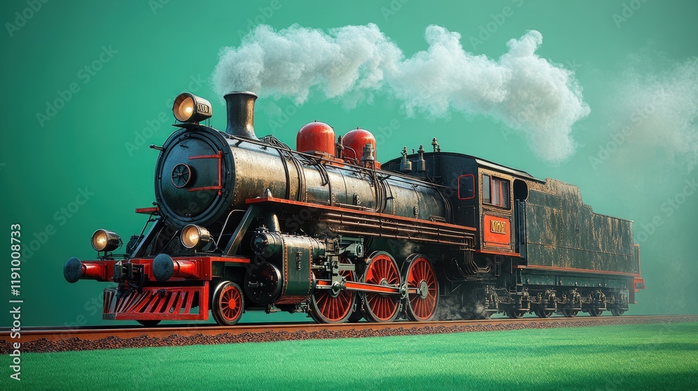 Fototapeta premium Vintage steam train, smoking, rolling on tracks.