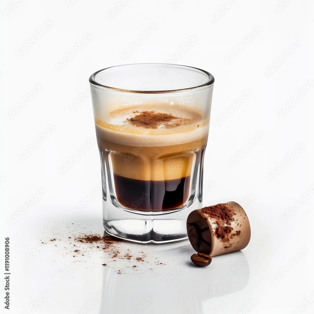 Espresso Delight: A single serving of espresso is presented in a clear glass, showcasing its layered beauty and richness, sprinkled with cinnamon and accompanied by a small chocolate-filled cookie. Espresso Delight: A single serving of espresso is presented in a clear glass, showcasing its layered beauty and richness, sprinkled with cinnamon and accompanied by a small chocolate-filled cookie.