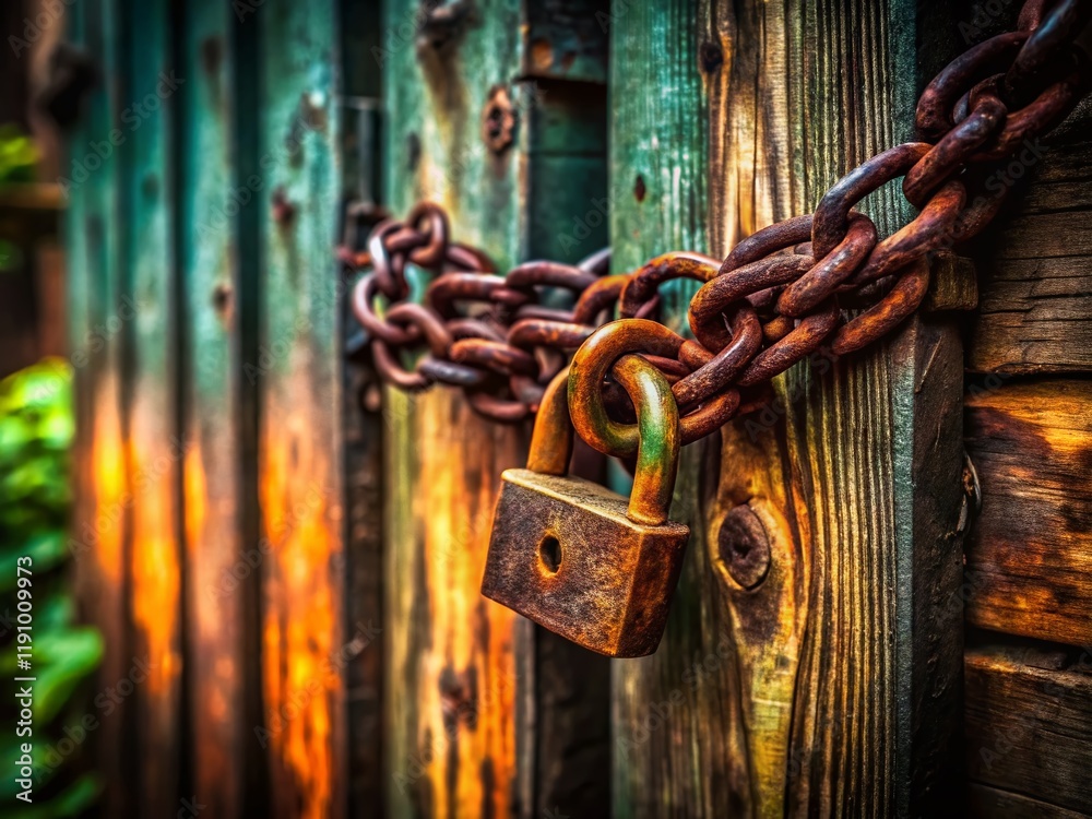 Rusty Padlock & Chains on Alley Fence - Grungy Urban Food Photography Background Rusty Padlock & Chains on Alley Fence - Grungy Urban Food Photography Background