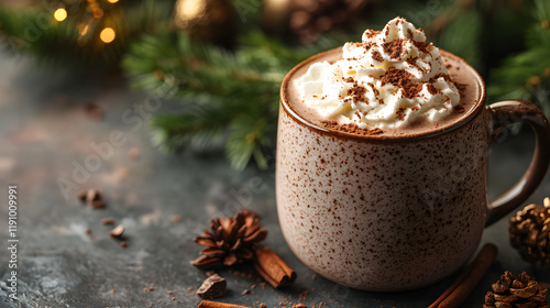 
Close-up of a cozy cup of hot chocolate with whipped cream and cocoa powder, cup of coffee