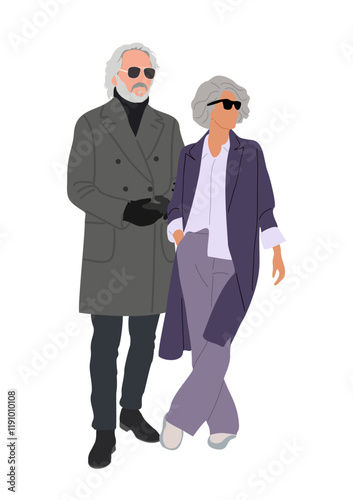 Senior couple standing in fashionable casual autumn or winter warm outfit. Aged man and woman cartoon characters vector realistic illustration isolated