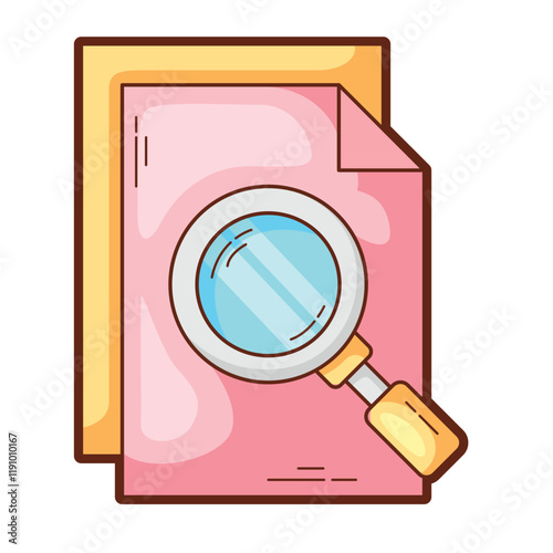 Analysis reveals pink documents magnified under a yellow magnifying glass sticker, suitable for illustrating research, analysis, or detective themes