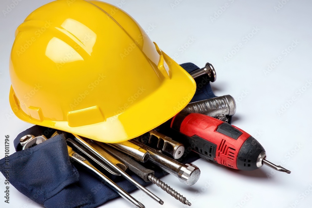 Fototapeta premium A bright yellow hard hat with a navy tool belt containing steel tools, including a red power drill and rubberized screwdrivers, set against a high-resolution, clean white background