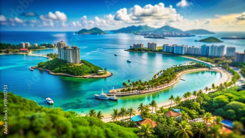 Sanya Hainan Island: Aerial Tilt-Shift View of Phoenix Island from Luhuitou Park - Summer Vacation Paradise photo