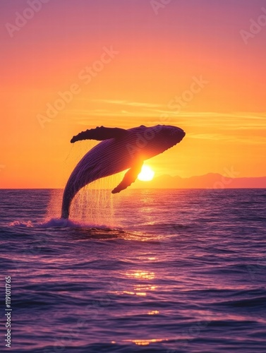Wallpaper Mural Whale breaching against a vibrant sunset over calm ocean waters in the evening. Generative AI Torontodigital.ca
