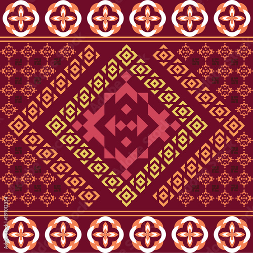 Features ethnic and tribal inspired patterns with bold striped and geometric designs. Vibrant colours, artistic motifs, and simplicity make these seamless patterns ideal for carpets.