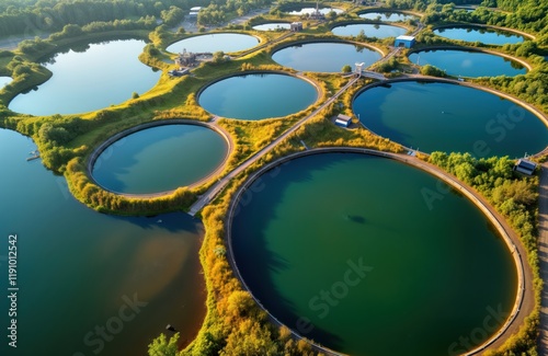Aerial view of circular wastewater treatment ponds. Eco-friendly water purification facility. Modern tech for sewage treatment, water recycling. Green areas around circular ponds. Clean water in