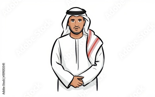 Arabian Man in Traditional White Thobe and Headscarf