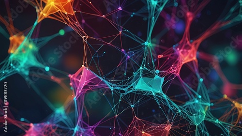 Abstract rainbow colored polygonal neural connections on dark space background