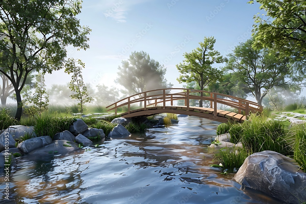 A picturesque scene a wooden bridge arches over a calm river, nestled amidst lush greenery and mist. Rocks line the riverbanks, creating a peaceful, natural setting. A picturesque scene a wooden bridge arches over a calm river, nestled amidst lush greenery and mist. Rocks line the riverbanks, creating a peaceful, natural setting.