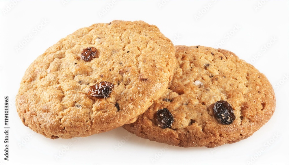 Round whole wheat biscuit, cookie with raisins isolated on white background, top view Round whole wheat biscuit, cookie with raisins isolated on white background, top view