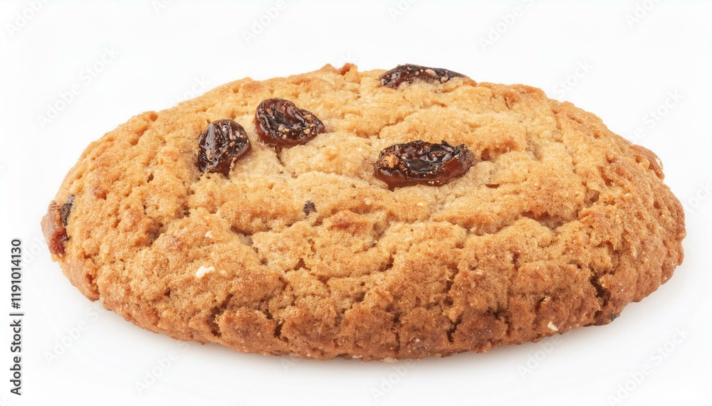 Round whole wheat biscuit, cookie with raisins isolated on white background, top view Round whole wheat biscuit, cookie with raisins isolated on white background, top view