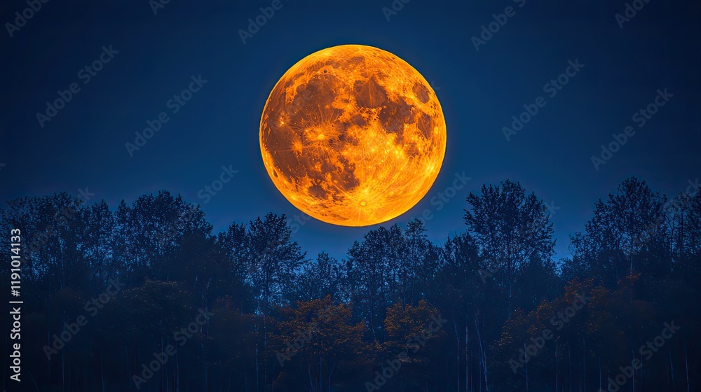The full harvest moon glows in a deep blue sky above a dark forest on a clear autumn night The full harvest moon glows in a deep blue sky above a dark forest on a clear autumn night