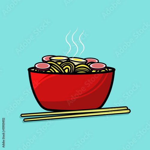 A red bowl of traditional Japanese ramen noodles