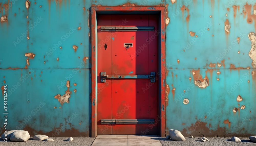 Rusty red door set in weathered teal wall. Aged metal entranceway shows signs of rust, decay. Industrial design elements apparent. Forgotten building exterior structure with vintage appearance. Rusty red door set in weathered teal wall. Aged metal entranceway shows signs of rust, decay. Industrial design elements apparent. Forgotten building exterior structure with vintage appearance.