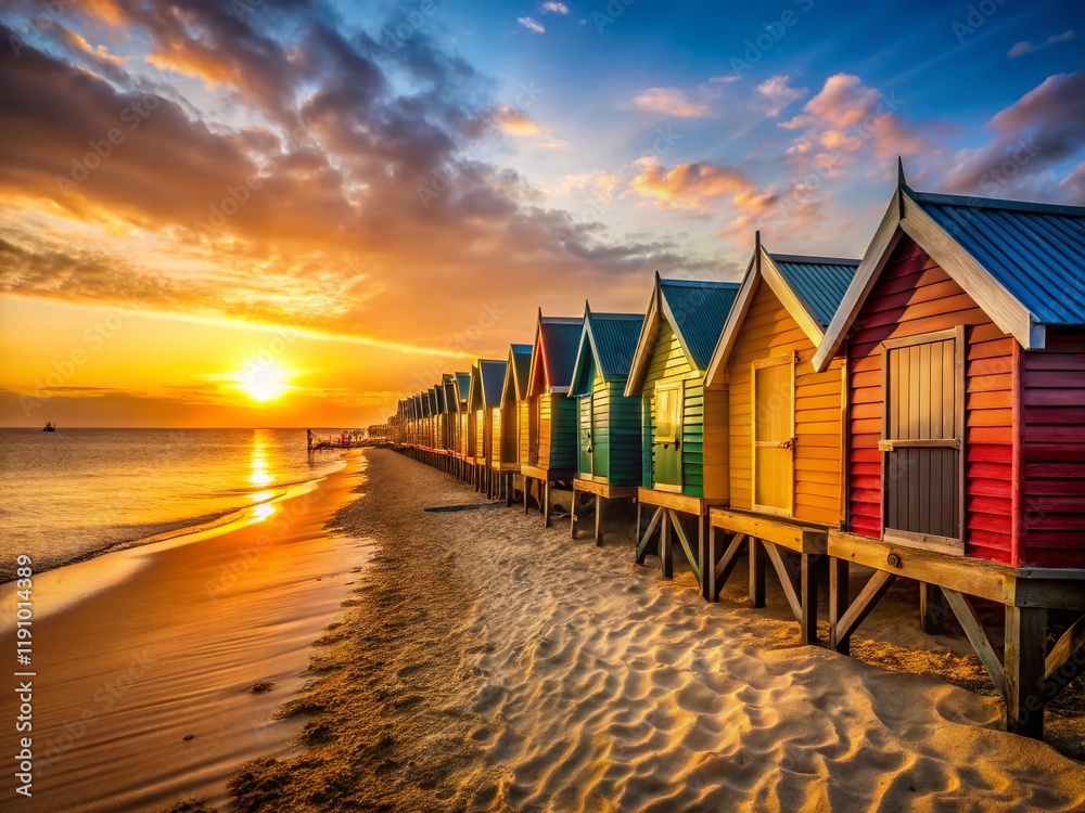 Serene Beach Sunset: Colorful Beach Huts & Pier - Summer Vacation Travel Poster Serene Beach Sunset: Colorful Beach Huts & Pier - Summer Vacation Travel Poster