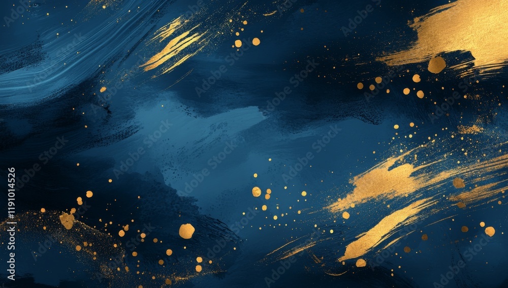 Fototapeta premium Elegant Blue and Gold Abstract Splash, luxurious dark blue backdrop adorned with intricate golden brush strokes, rich texture and high detail