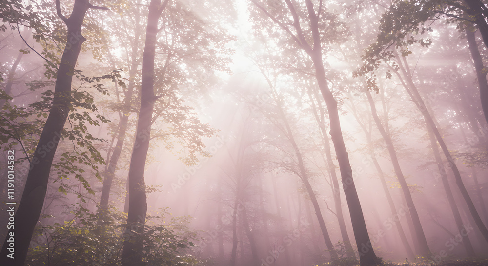 Naklejka premium A hazy, light-filled view of towering trees and dappled shadows 