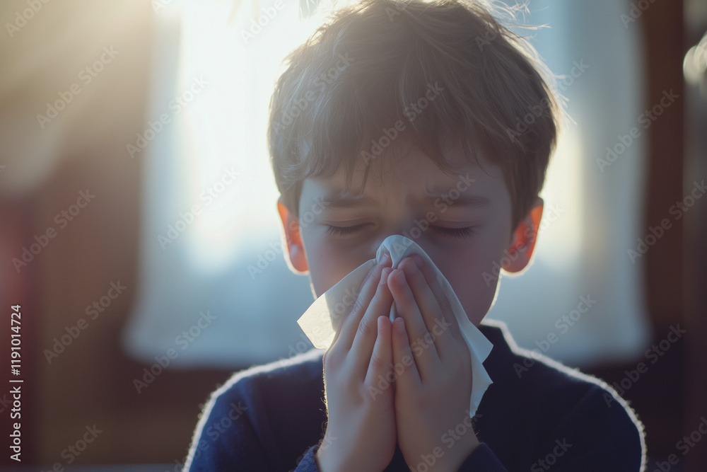 A child coughing into a tissue while sitting in a cozy living room, with a parent offering care, with copy space. Warm comforting light. A child coughing into a tissue while sitting in a cozy living room, with a parent offering care, with copy space. Warm comforting light.