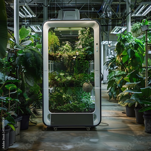 A futuristic, selfcontained indoor vertical farm. A glassfronted unit showcasing various plants thriving within a controlled environment. Automated plant growth technology. photo