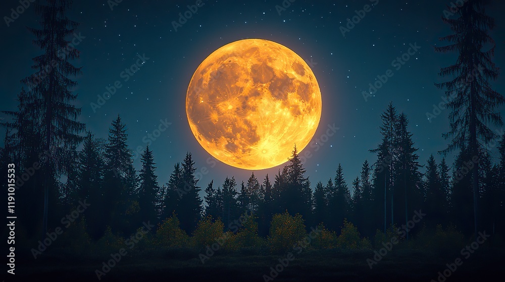 The full harvest moon glows in a deep blue sky above a dark forest on a clear autumn night The full harvest moon glows in a deep blue sky above a dark forest on a clear autumn night