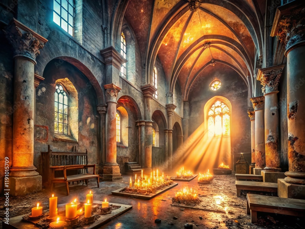 Fototapeta premium Serene Church Interior: Glowing Candles & Peaceful Light