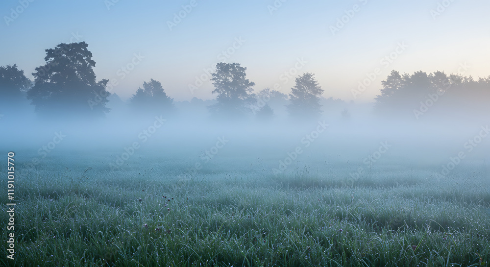 A subtly hazy scene featuring dew-laden grass and trees enveloped in the tranquil mist of dawn. A subtly hazy scene featuring dew-laden grass and trees enveloped in the tranquil mist of dawn.