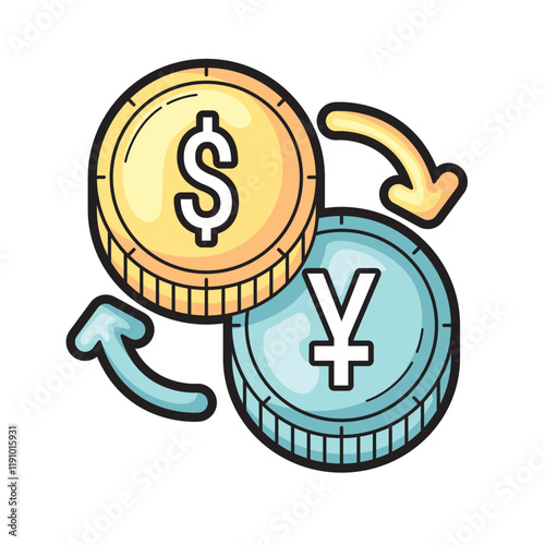 Dollar and yuan coins showing reciprocal trade symbols, ideal for finance, international trade, currency exchange concepts. Smart, modern design