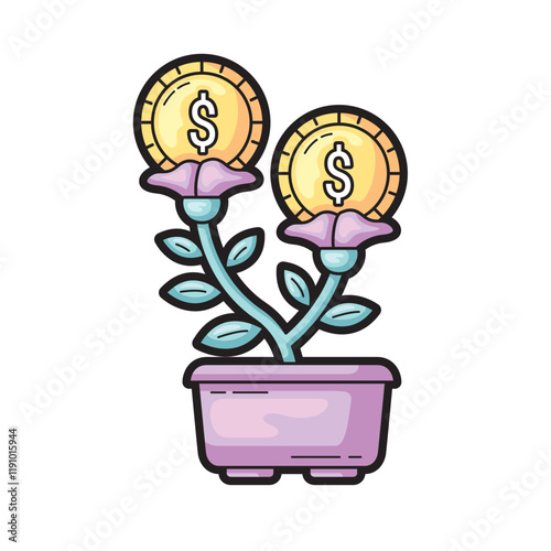 Dollar coins arranged in a purple pot resembling blooming flowers. ideal for financial concept designs, savings themes, or investment visuals